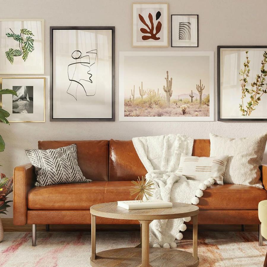 a living room with a couch and a table